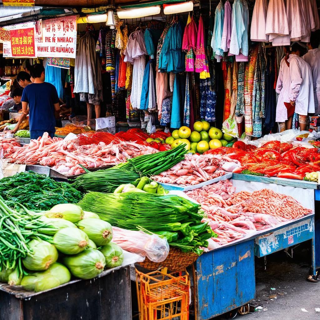 Hàng hóa đa dạng từ rau củ, thực phẩm tươi sống đến quần áo tại Chợ Tân Long.